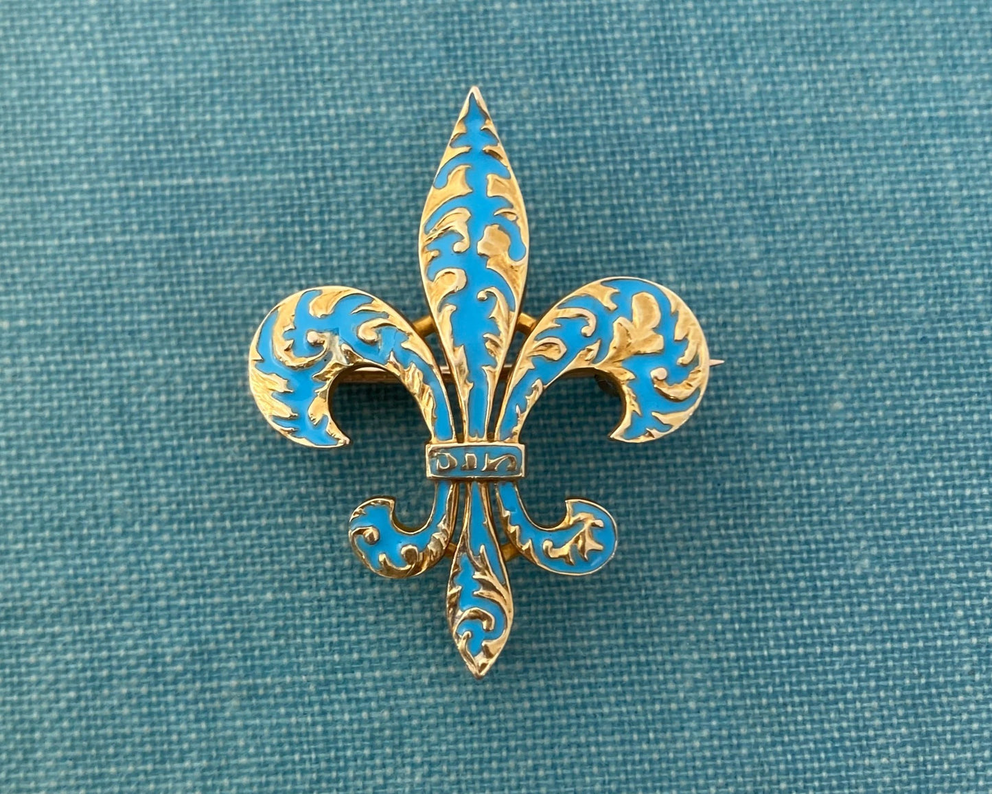 Fleur de lis brooch/pocket watch hook with blue enamel