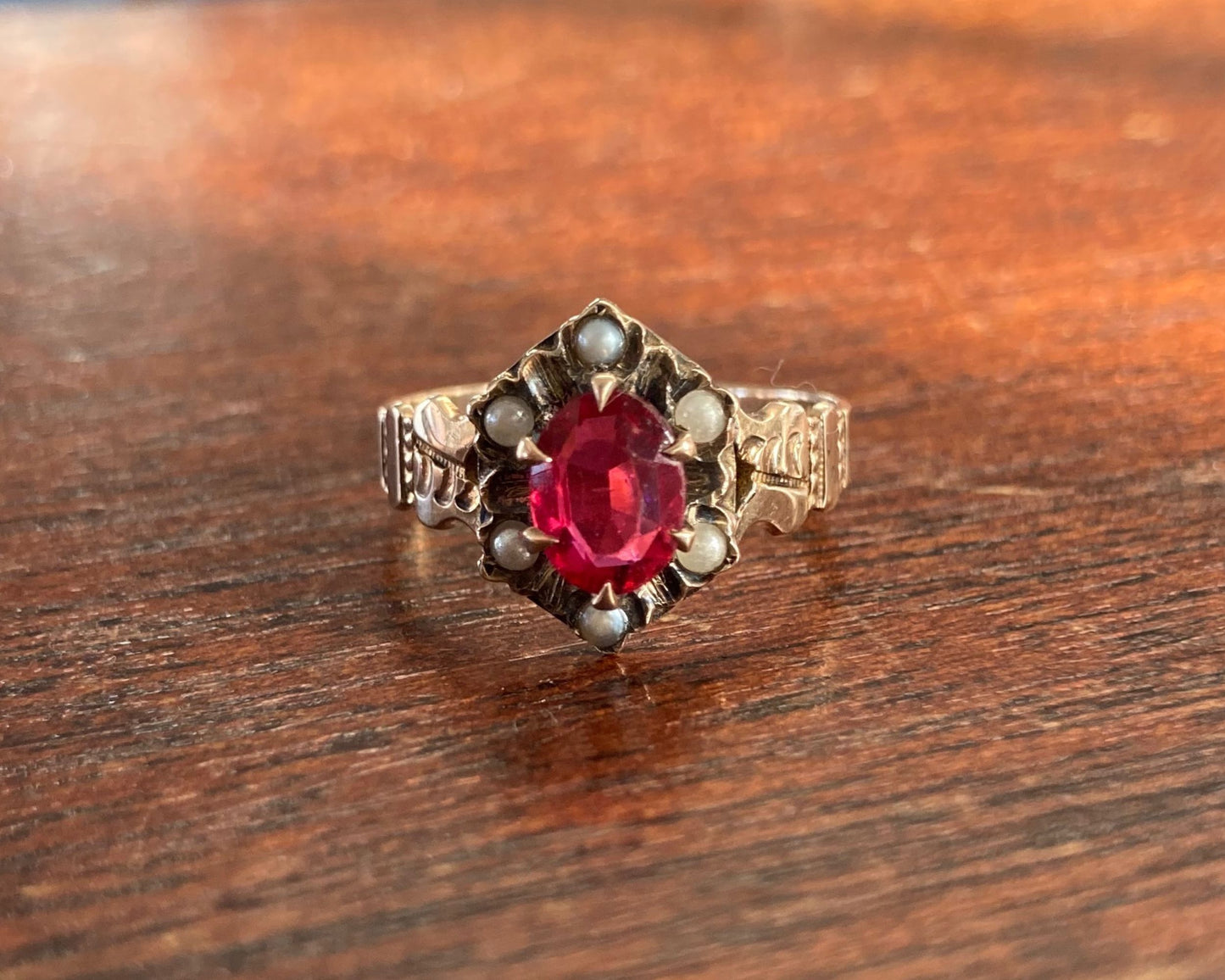 Gold Seed Pearl and Red Glass Ring