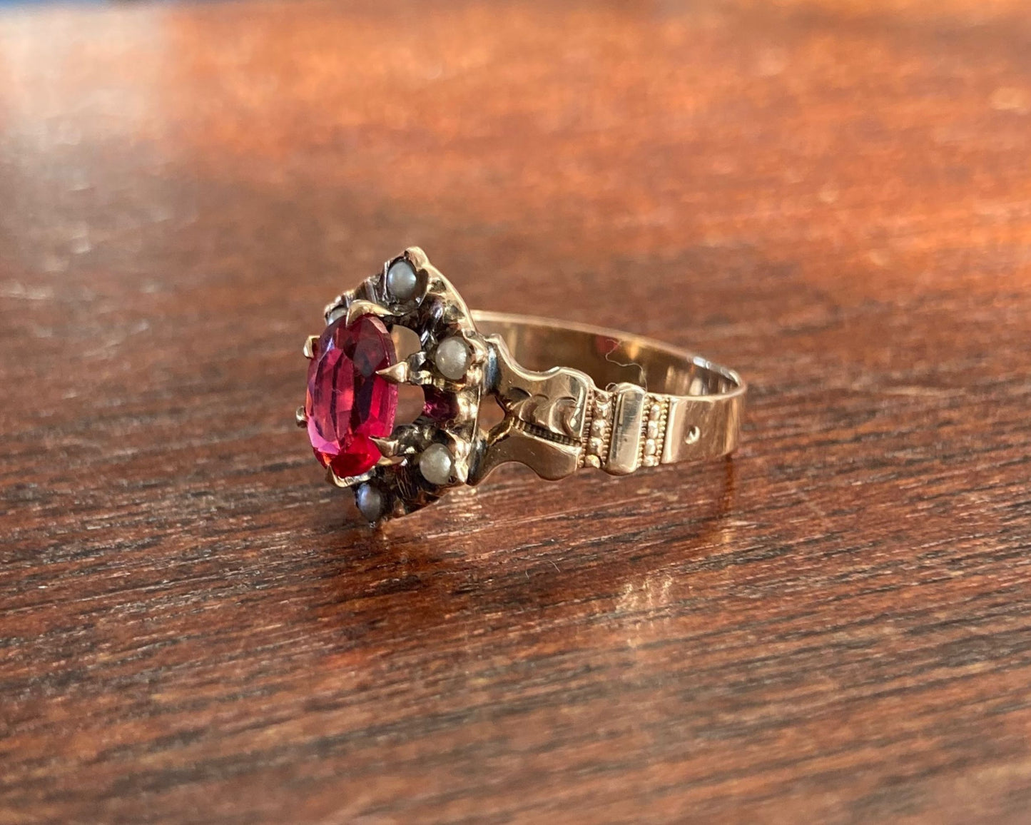 Gold Seed Pearl and Red Glass Ring