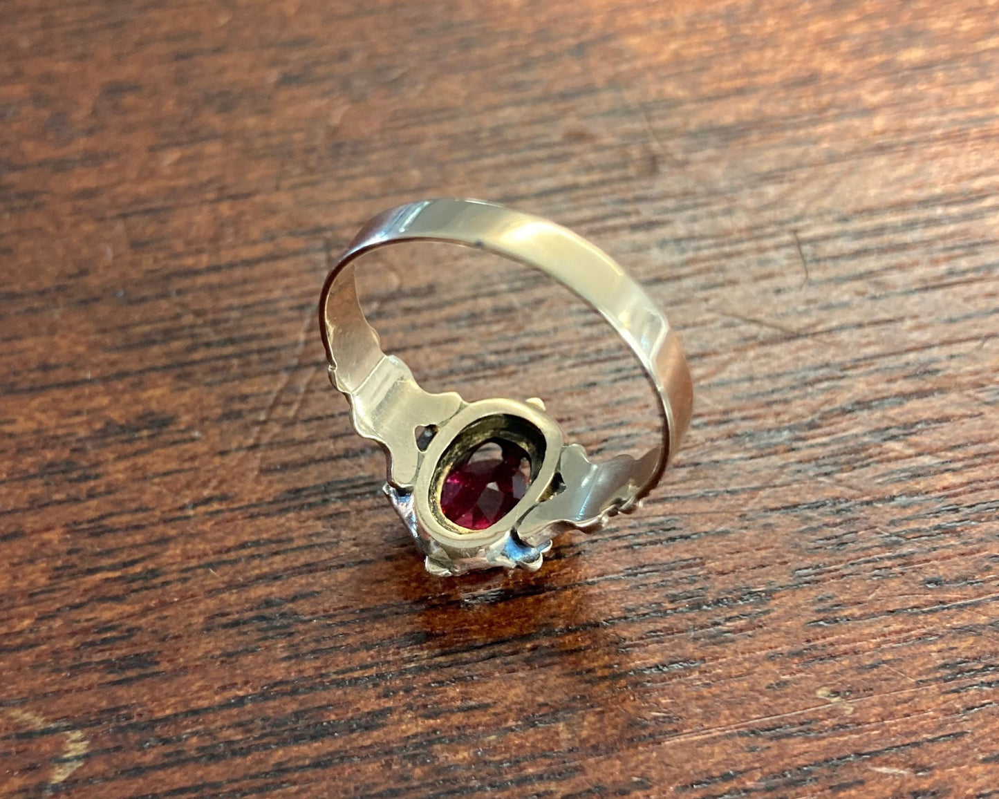 Gold Seed Pearl and Red Glass Ring