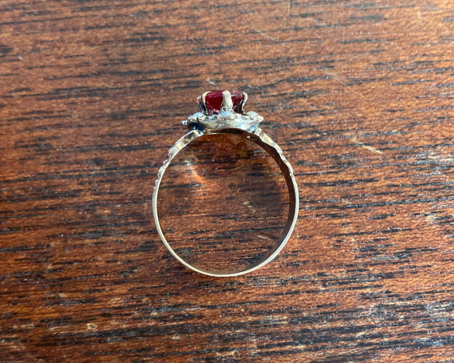 Gold Seed Pearl and Red Glass Ring